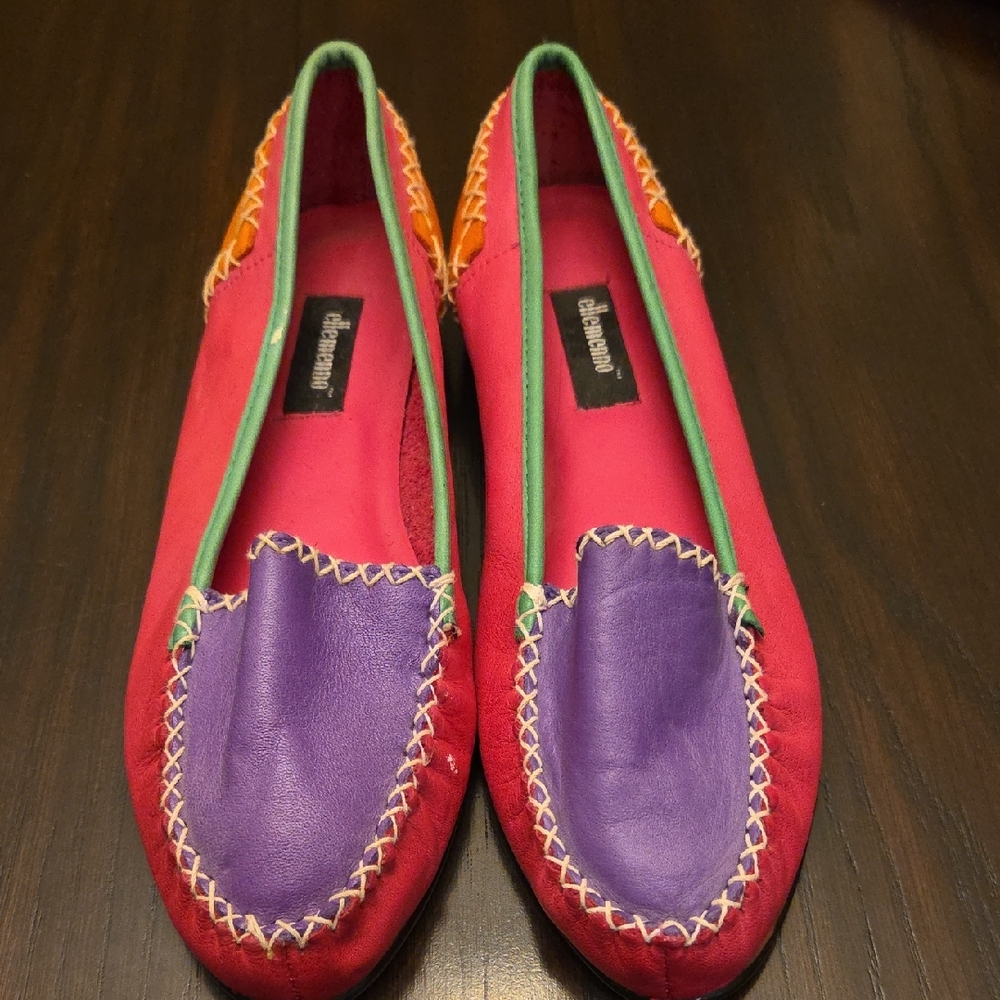 ellemenno Red and Purple Leather Women's Moccasins